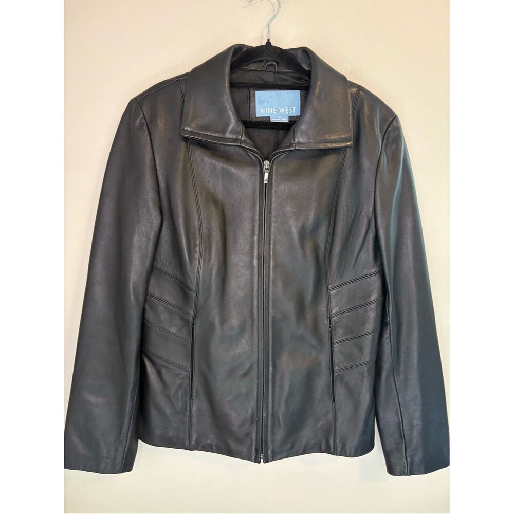 Nine West Soft Genuine Leather Jacket Black Zip Front Women M